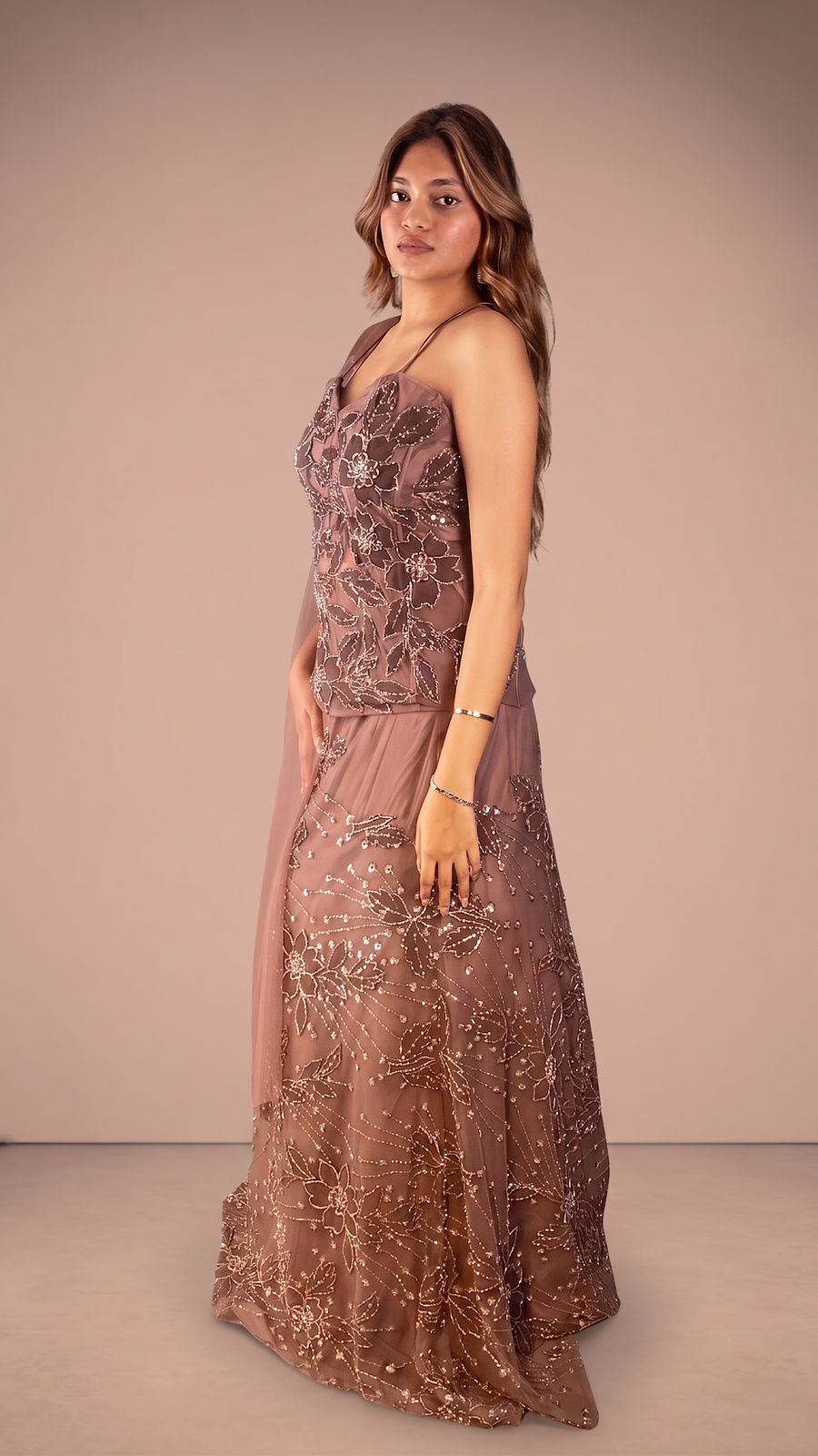 Nude Brown Cord-Embroidered Mermaid Lehenga Set — fabric detail