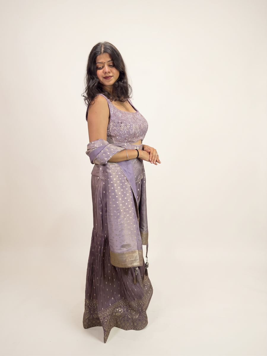 Lavender Georgette Sharara Set With Zari Dupatta — fabric detail