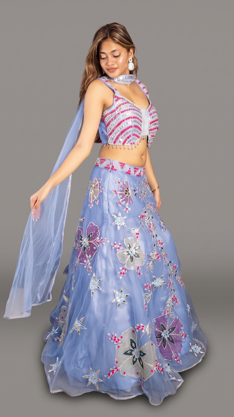 Periwinkle Blue Net Lehenga With Floral Zari Work — fabric detail