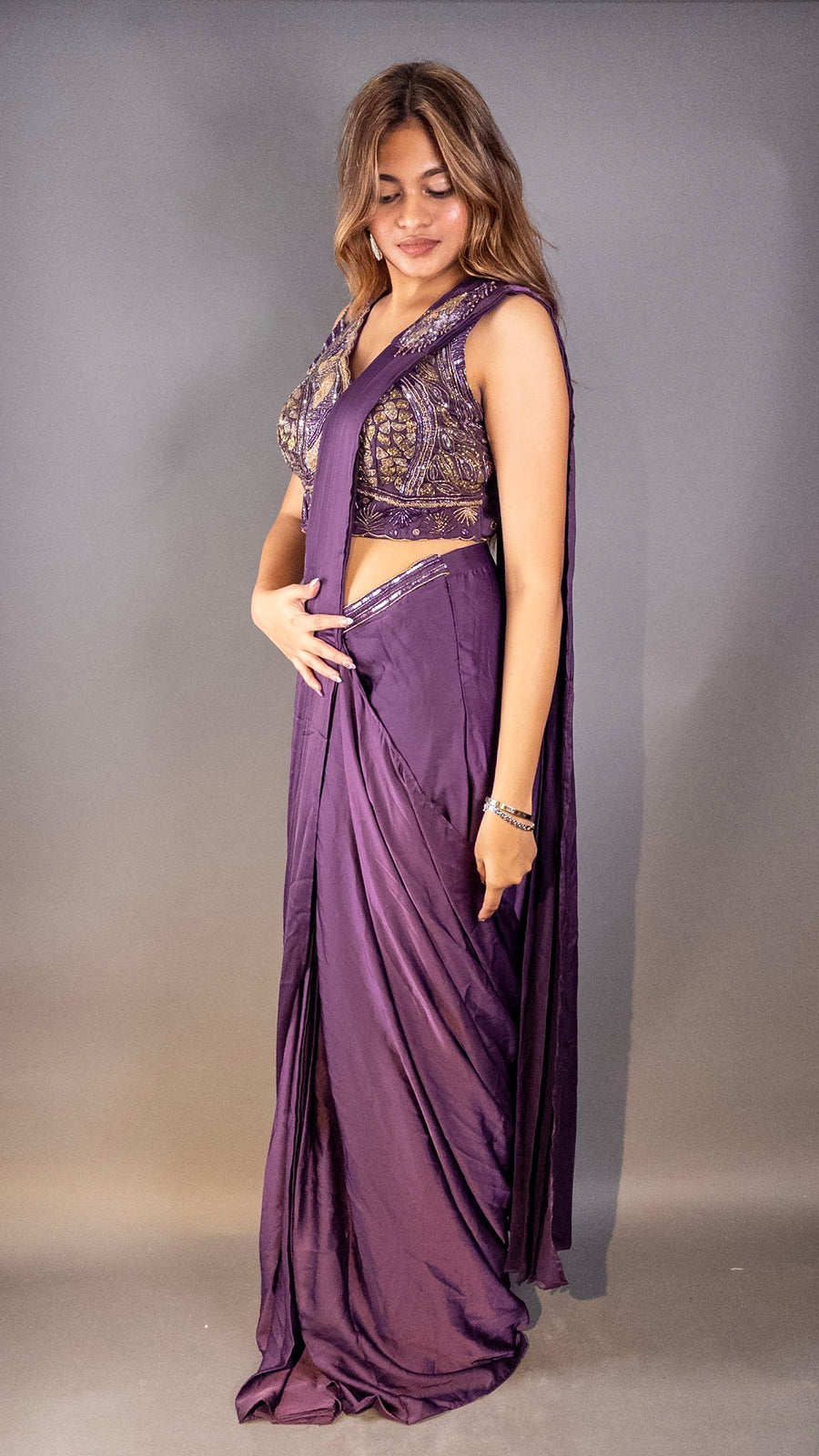 Purple Satin Pre-Draped Saree With Embellished Blouse — fabric detail