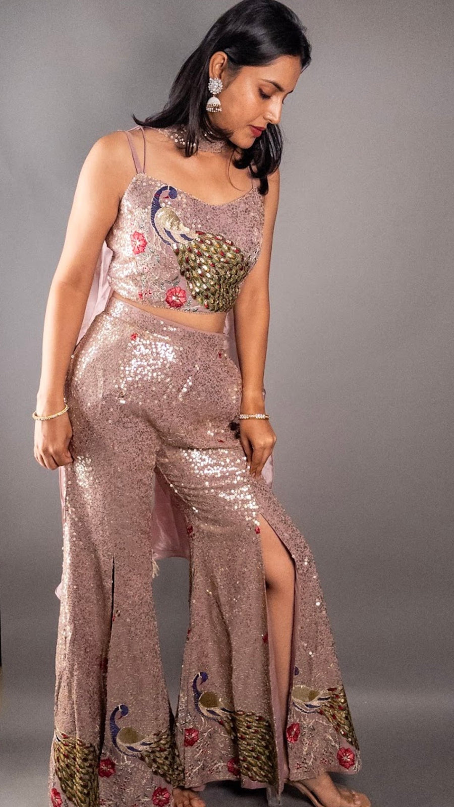 Rose Gold Peacock Embroidered Georgette Sharara Set — fabric detail