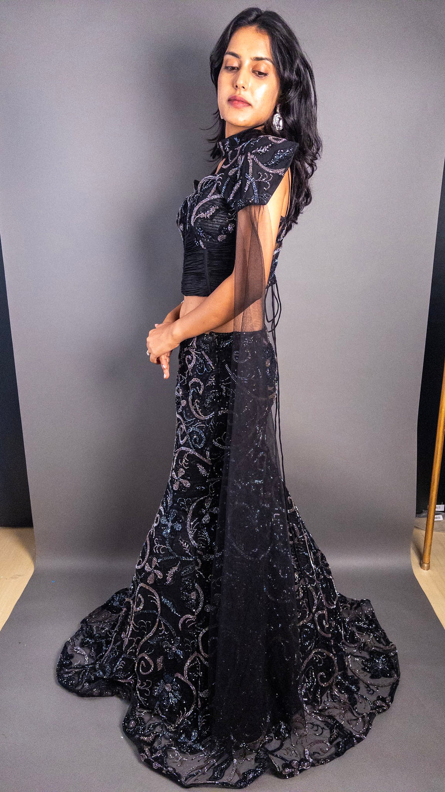 Black Net Mermaid Lehenga With Cape — fabric detail