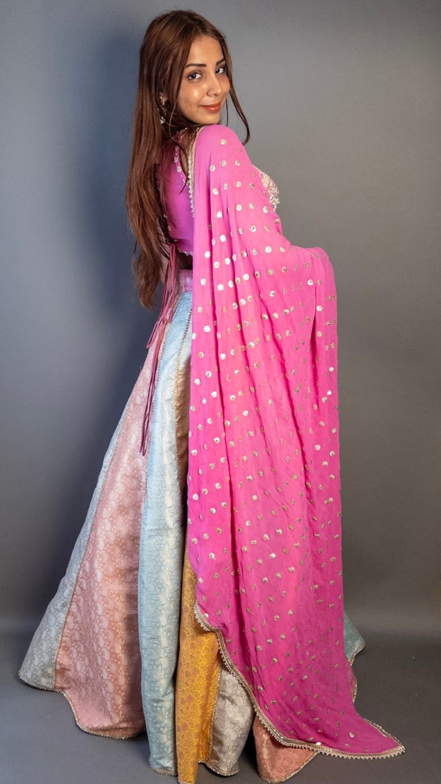 Multicolour Brocade Kali Lehenga With Pink Blouse — fabric detail