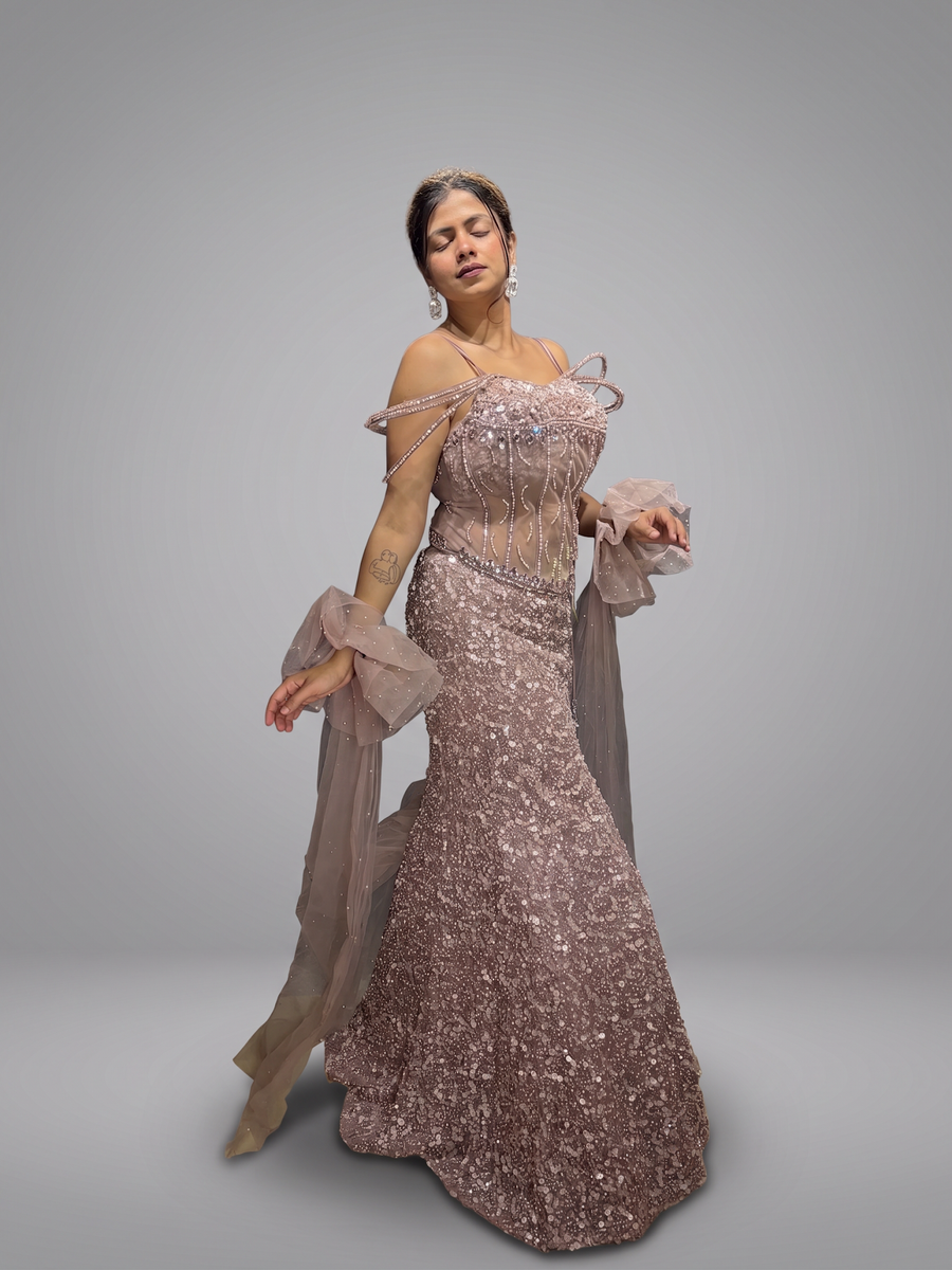 Rose Gold Sequin Mermaid Gown With Tulle Drape — fabric detail