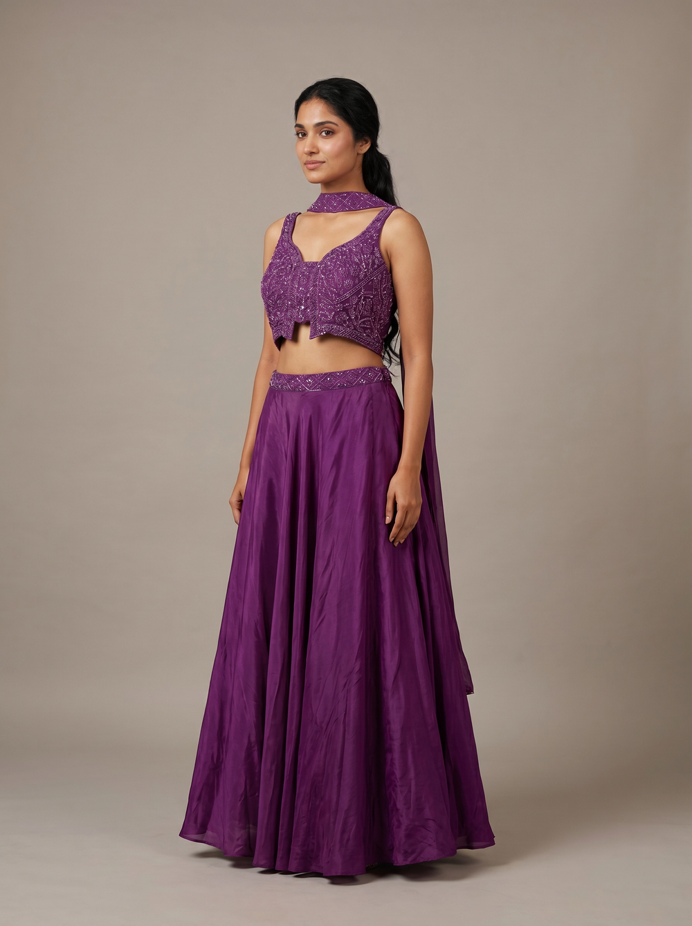 Mahira Plum Beadwork Crepe Lehenga Set