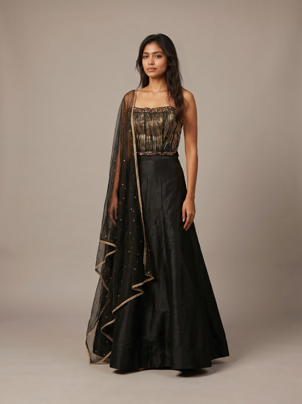 Noctis Black Raw Silk Mermaid Lehenga Set