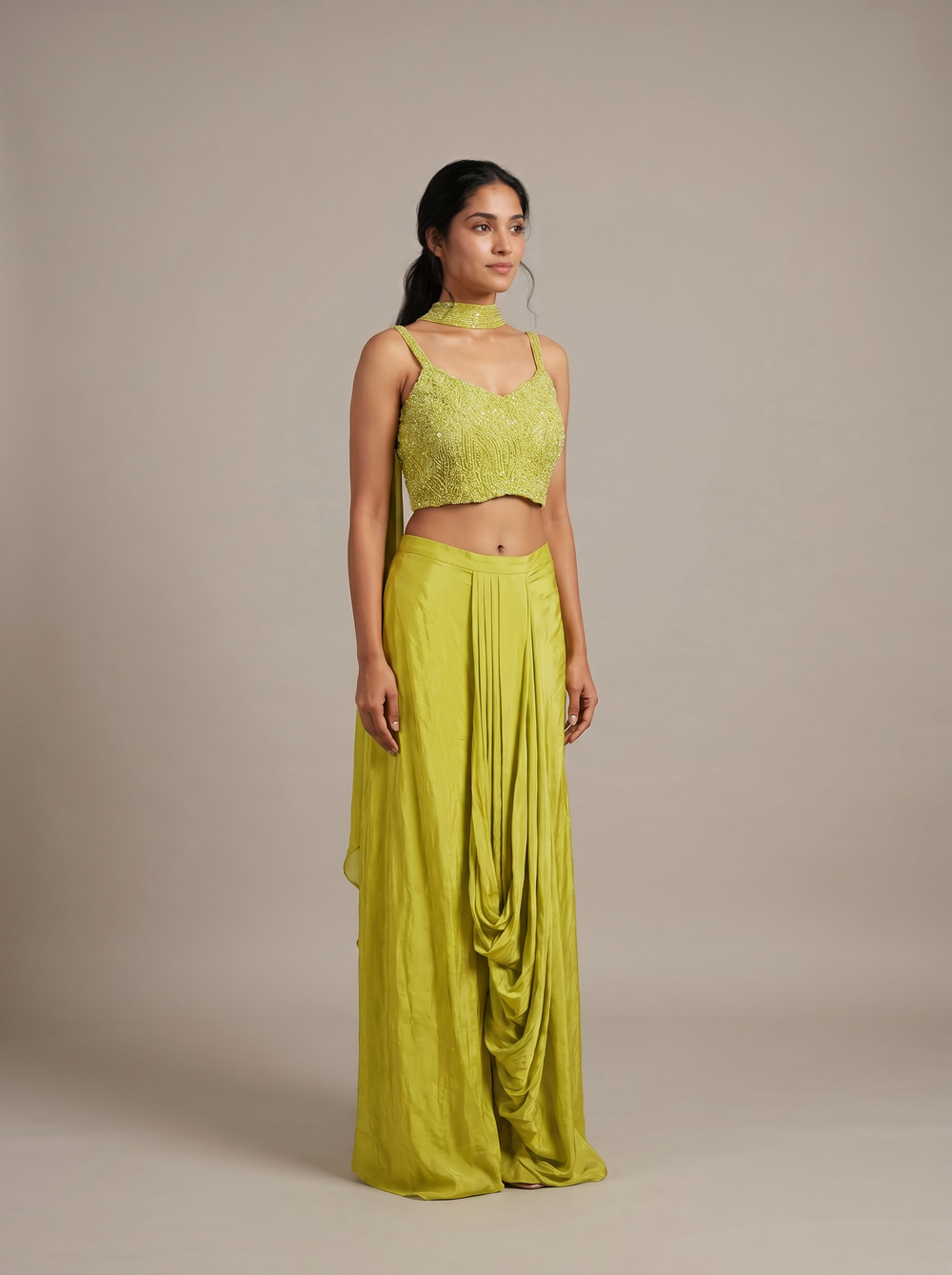 Parrot Green Beaded Bustier Dhoti Set