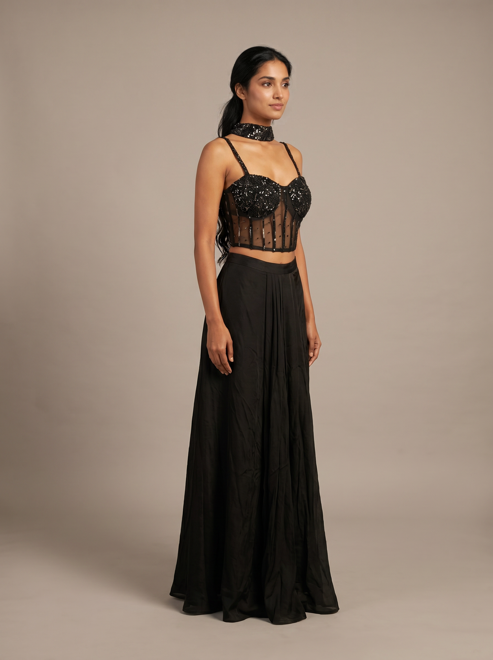 Noir Beadwork Corset Dhoti Drape Set