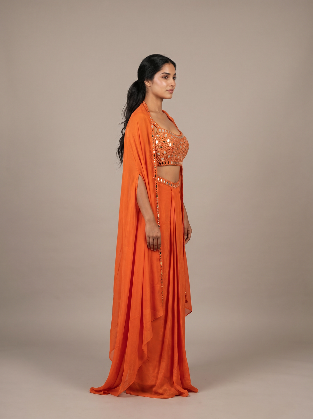 Marigold Orange Mirror-Work Cape Skirt Set