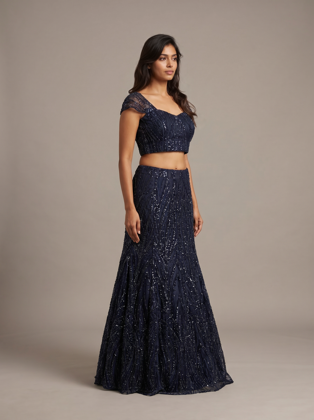 Midnight Navy Beaded Net Mermaid Lehenga