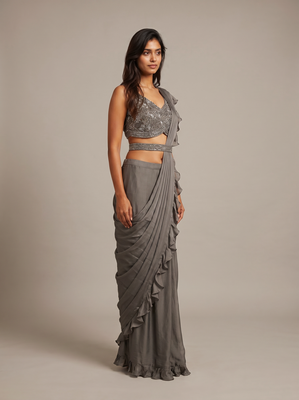 Smoke Charcoal Zari Ruffle Saree Set