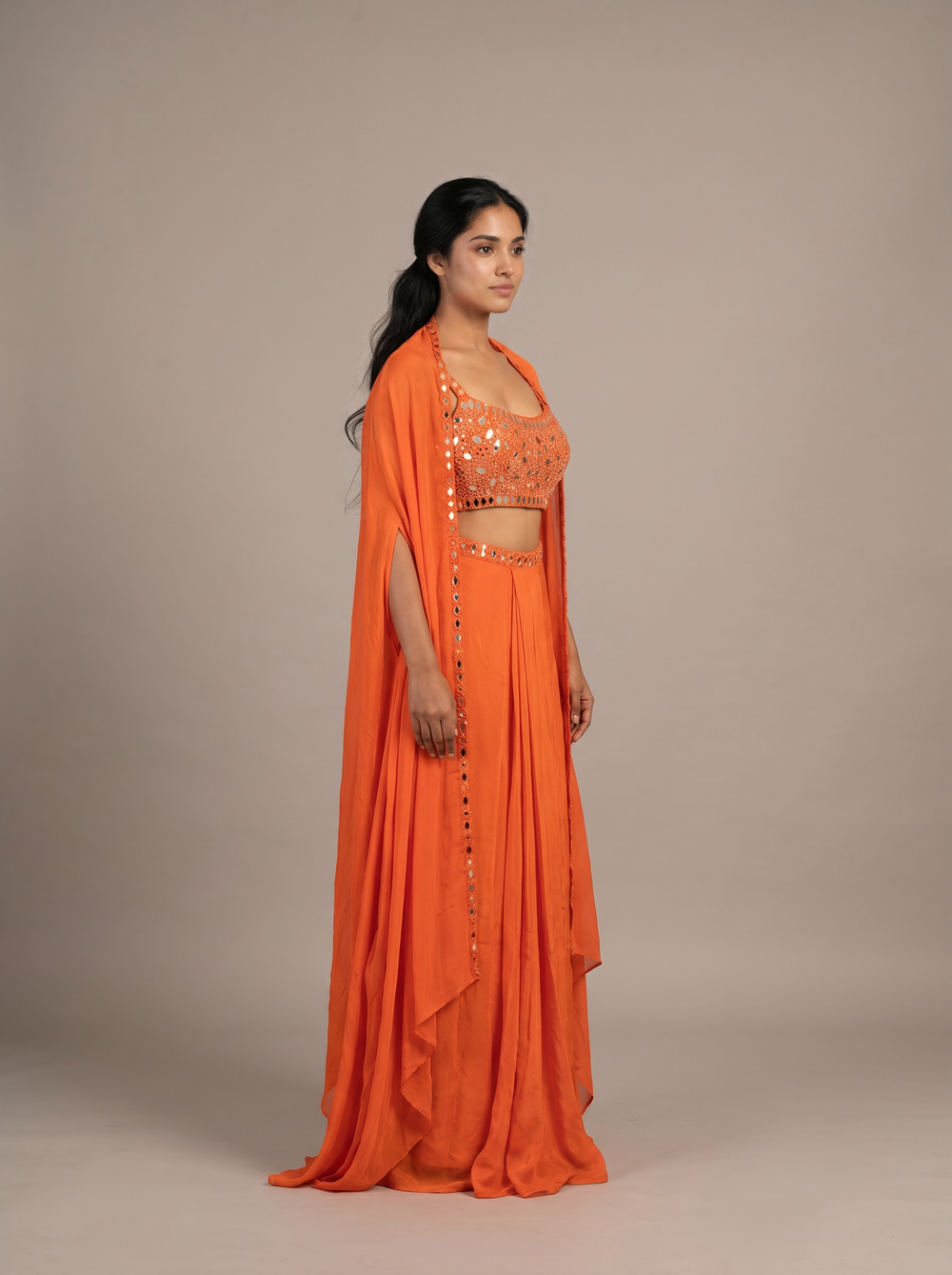 Marigold Orange Mirror-Work Cape Set