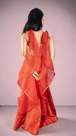 Red Raw Silk Flared Lehenga With One-Shoulder Blouse — view 3
