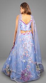 Periwinkle Blue Net Lehenga With Floral Zari Work — view 2
