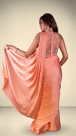 Coral Peach Pre-Draped Saree With Sequin Net Blouse — view 2