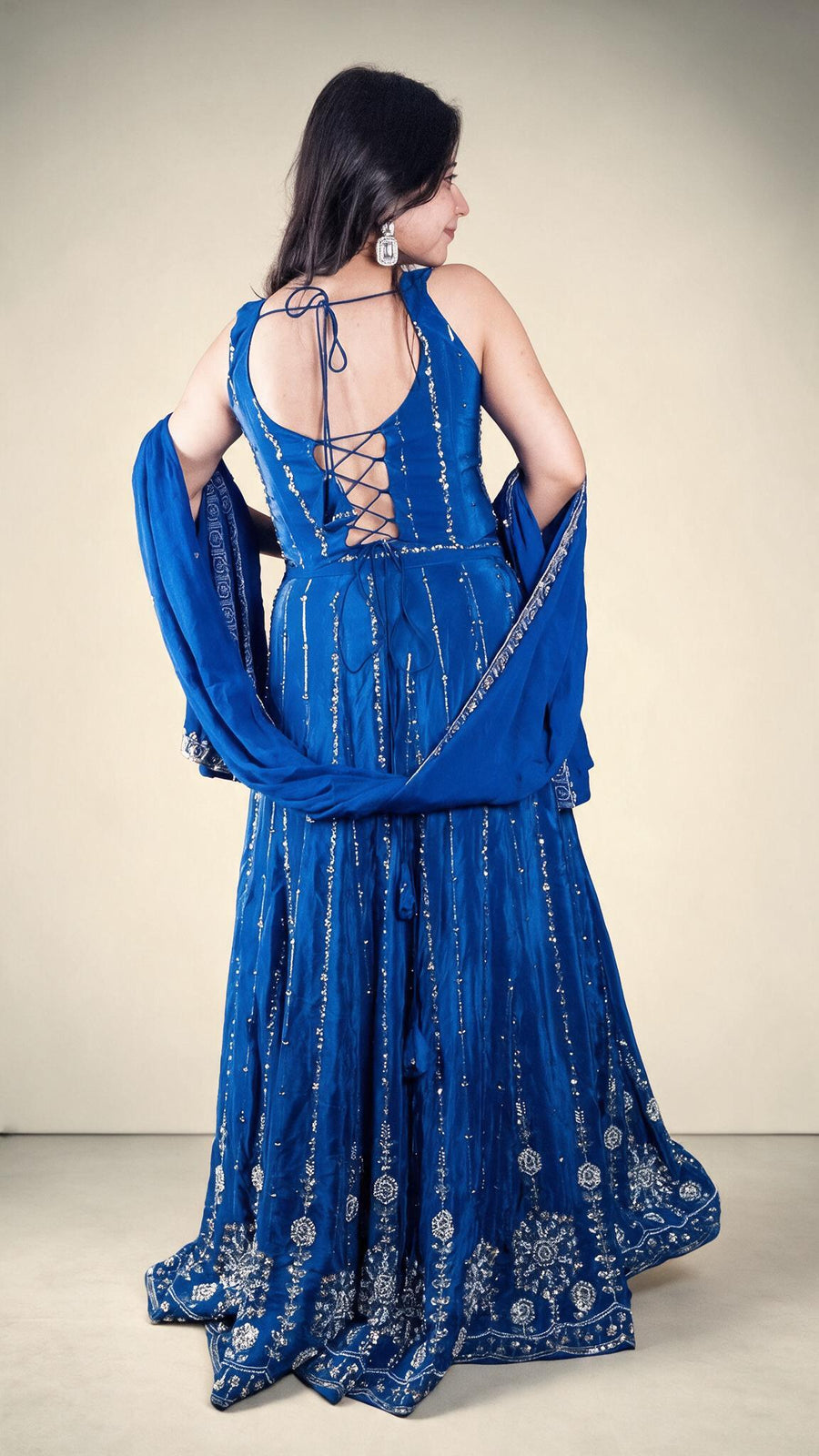 Cobalt Blue Crepe Lehenga With Sequin and Katdana Work — back view
