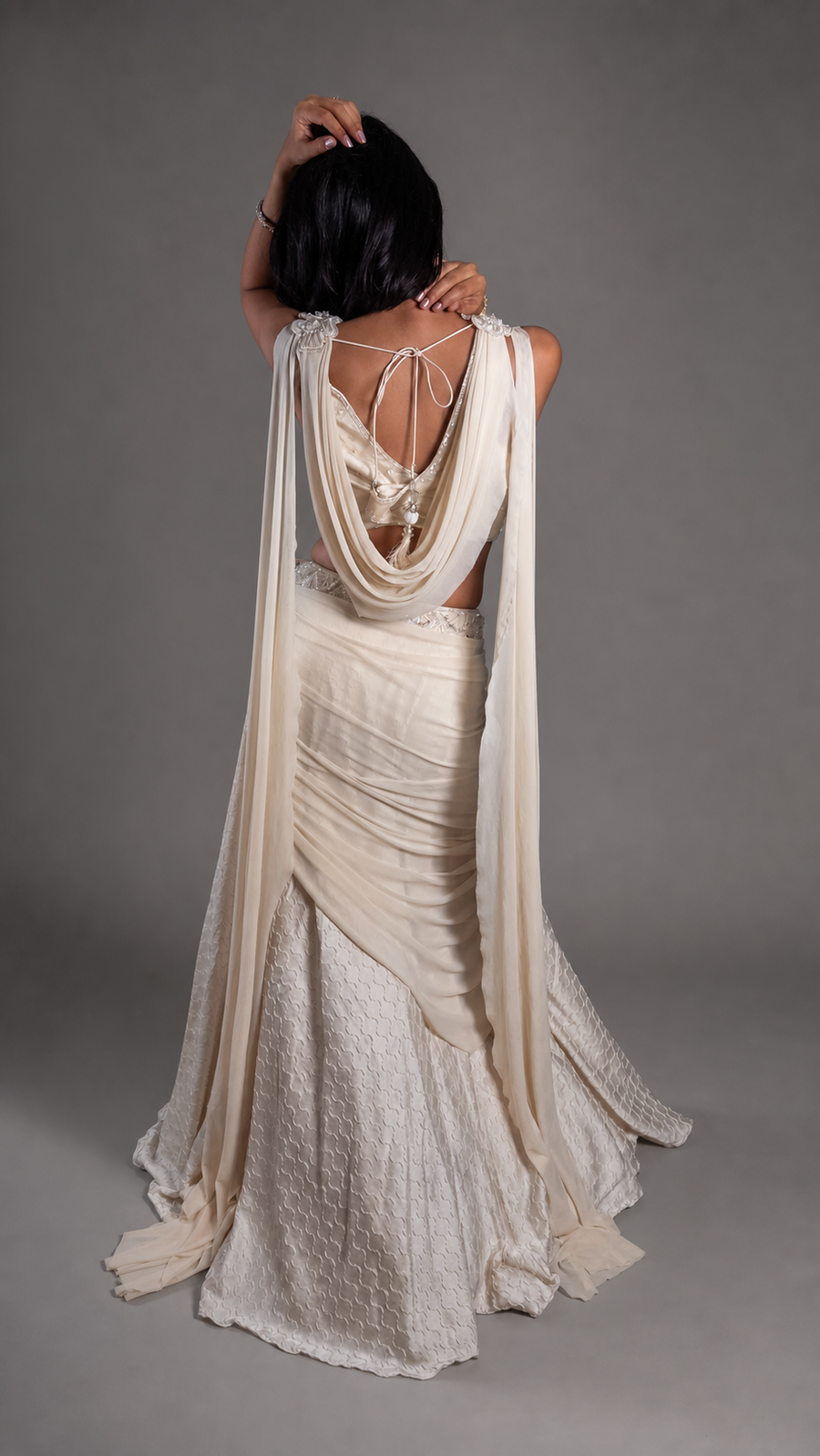 Off White Shimmer Tissue Pre-Draped Saree Gown — back view