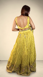 Neon Yellow Shimmer Tissue Flared Kali Lehenga Set — view 2