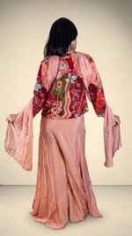 Peach Satin Palazzo Set With Embroidered Choker Jacket — view 2