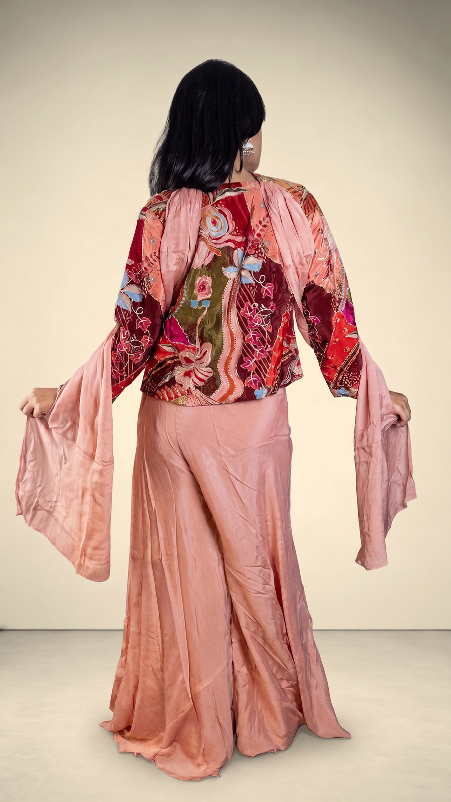 Peach Satin Palazzo Set With Embroidered Choker Jacket — back view