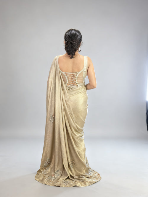 Gold Shimmer Tissue Pre-Draped Saree With Sequin Blouse — back