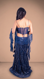Navy Sequin Corset Lehenga With Organza Drape — view 2