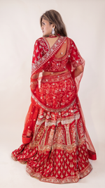 Red Raw Silk Kali Lehenga With Cutdana and Pearls — view 2