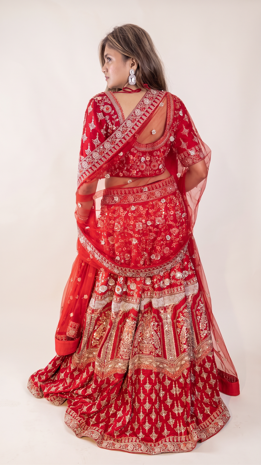 Red Raw Silk Kali Lehenga With Cutdana and Pearls — back view