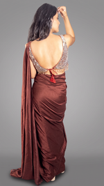Rust Maroon Vichitra Silk Pre-Draped Saree, Mirror Blouse — view 2