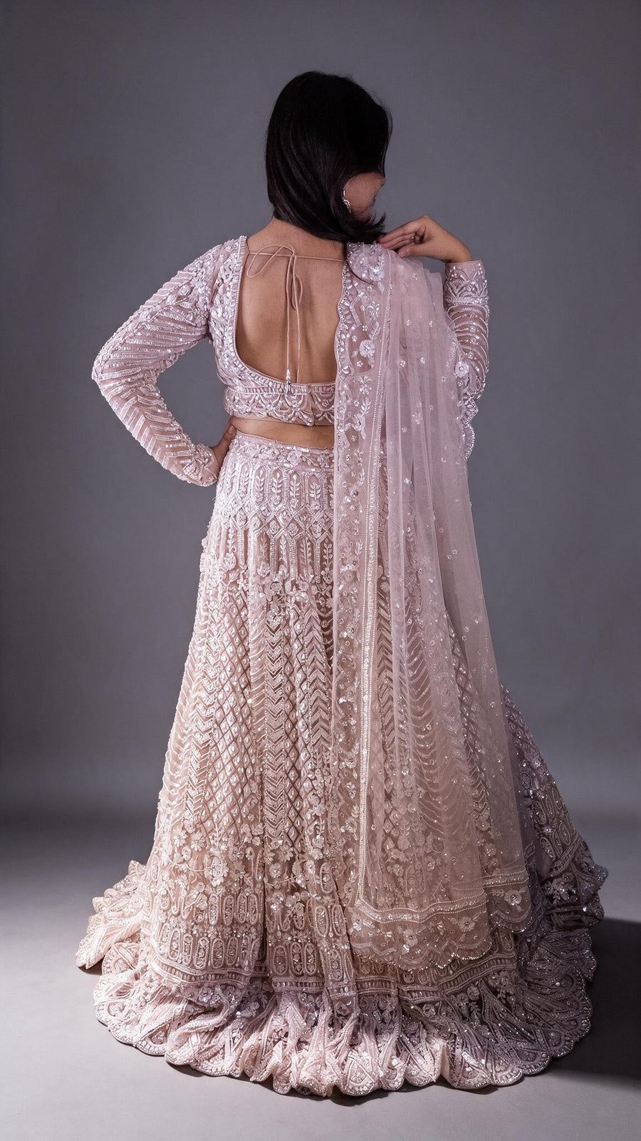 Blush Pink Net Lehenga With Zari and Cutdana Work — fabric detail