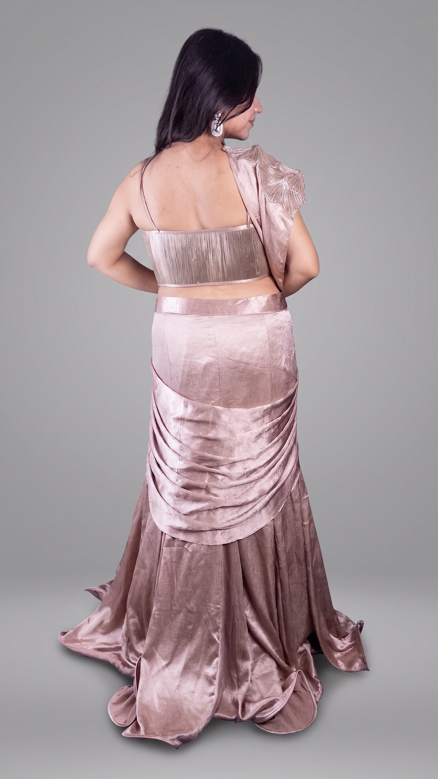 Rose Gold Shimmer Crepe Pre-Draped Mermaid Saree Gown — back view