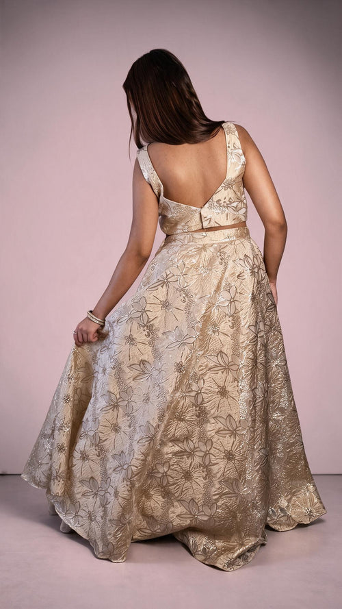 Gold Organza Tissue Flared Kali Lehenga — back