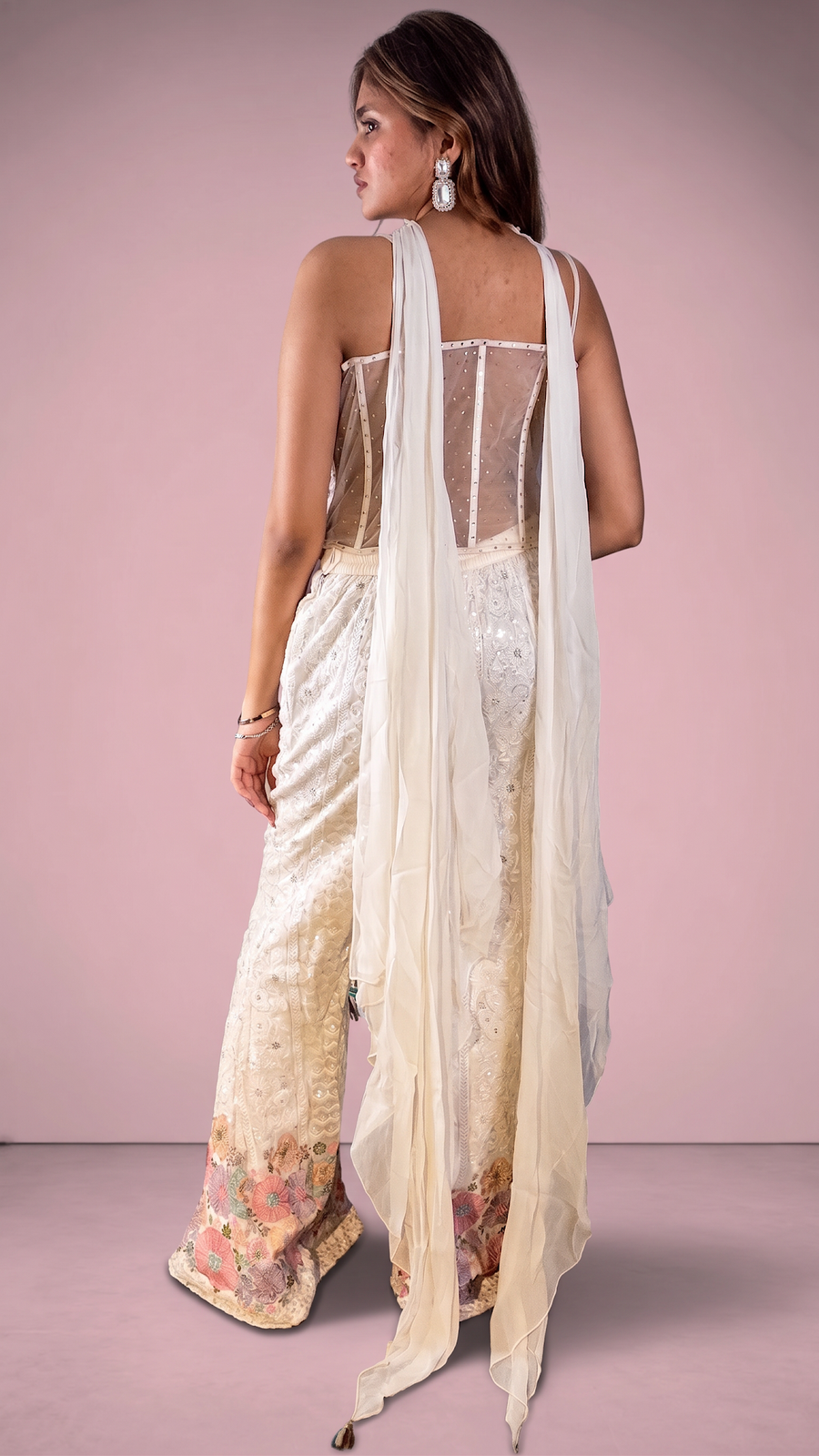 White Georgette Pant Set With Floral Cord Embroidery — back view