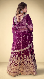 Wine Raw Silk Flared Lehenga With Cutdana Work — view 3