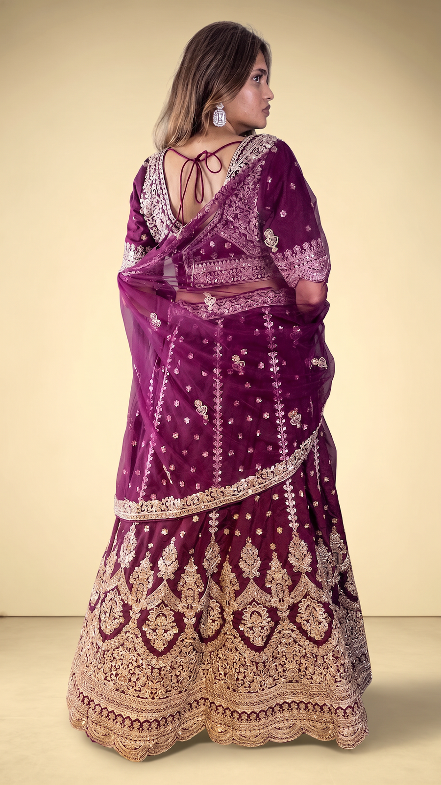 Wine Raw Silk Flared Lehenga With Cutdana Work — fabric detail