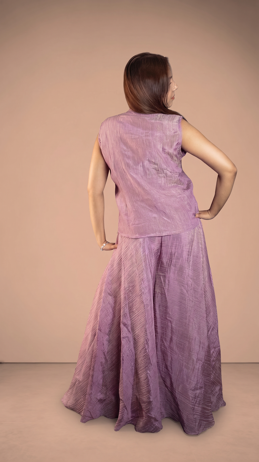 Lilac Pink Crush Tissue Palazzo Suit Set — back view