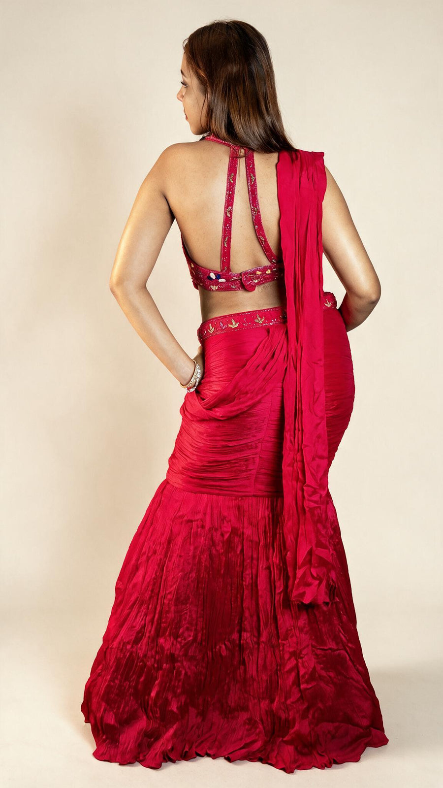 Hot Pink Crepe Mermaid Lehenga With Beaded Blouse — back view
