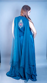 Navy Satin Sharara Set With Embroidered Cape Jacket — view 2