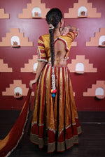 Mustard and Red Cotton Kali Lehenga With Shell Trims — view 2