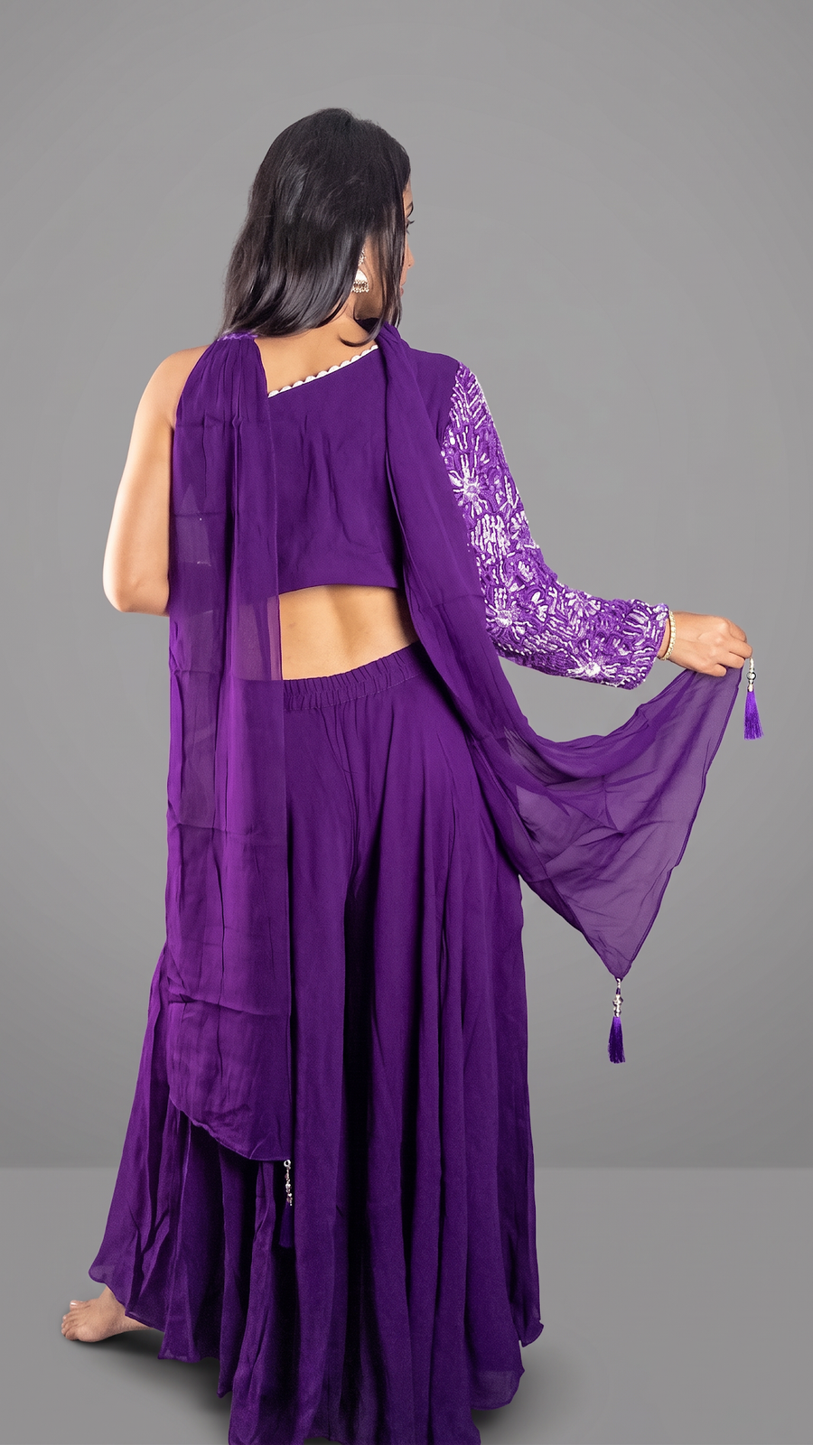Purple Crepe One-Shoulder Palazzo Suit Set — back view