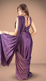 Purple Satin Pre-Draped Saree With Embellished Blouse — view 2