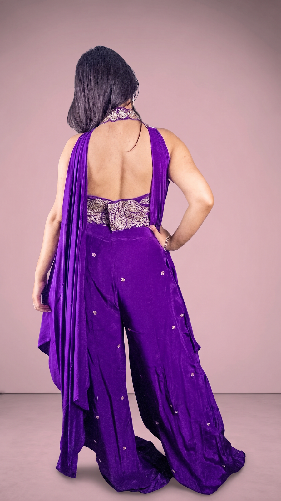 Purple Velvet Halter Blouse With Palazzo Set — back view