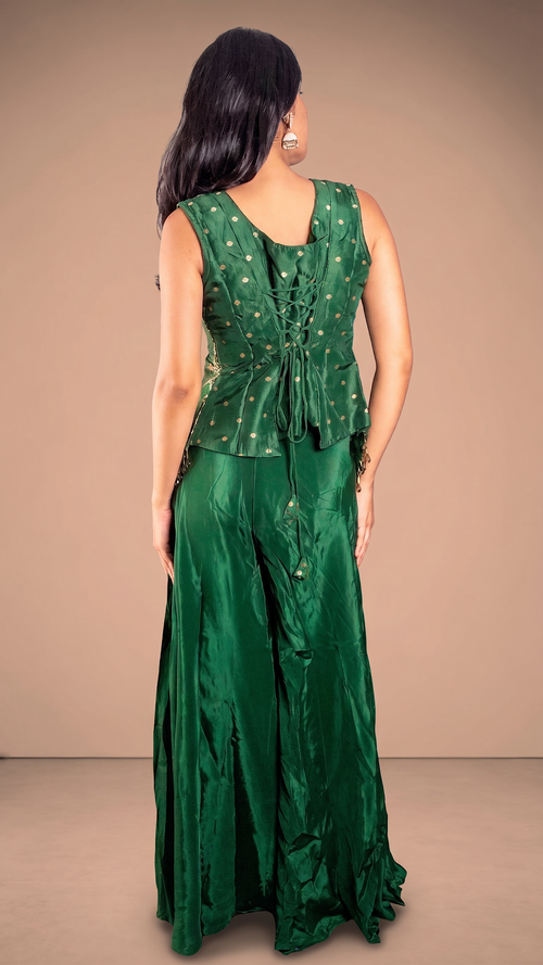 Forest Green Bandhani Palazzo Suit With Choker Dupatta — back