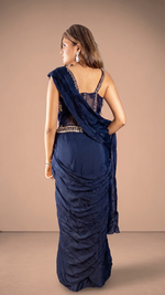 Navy Blue Satin Pre-Draped Saree With Zari Corset — view 3