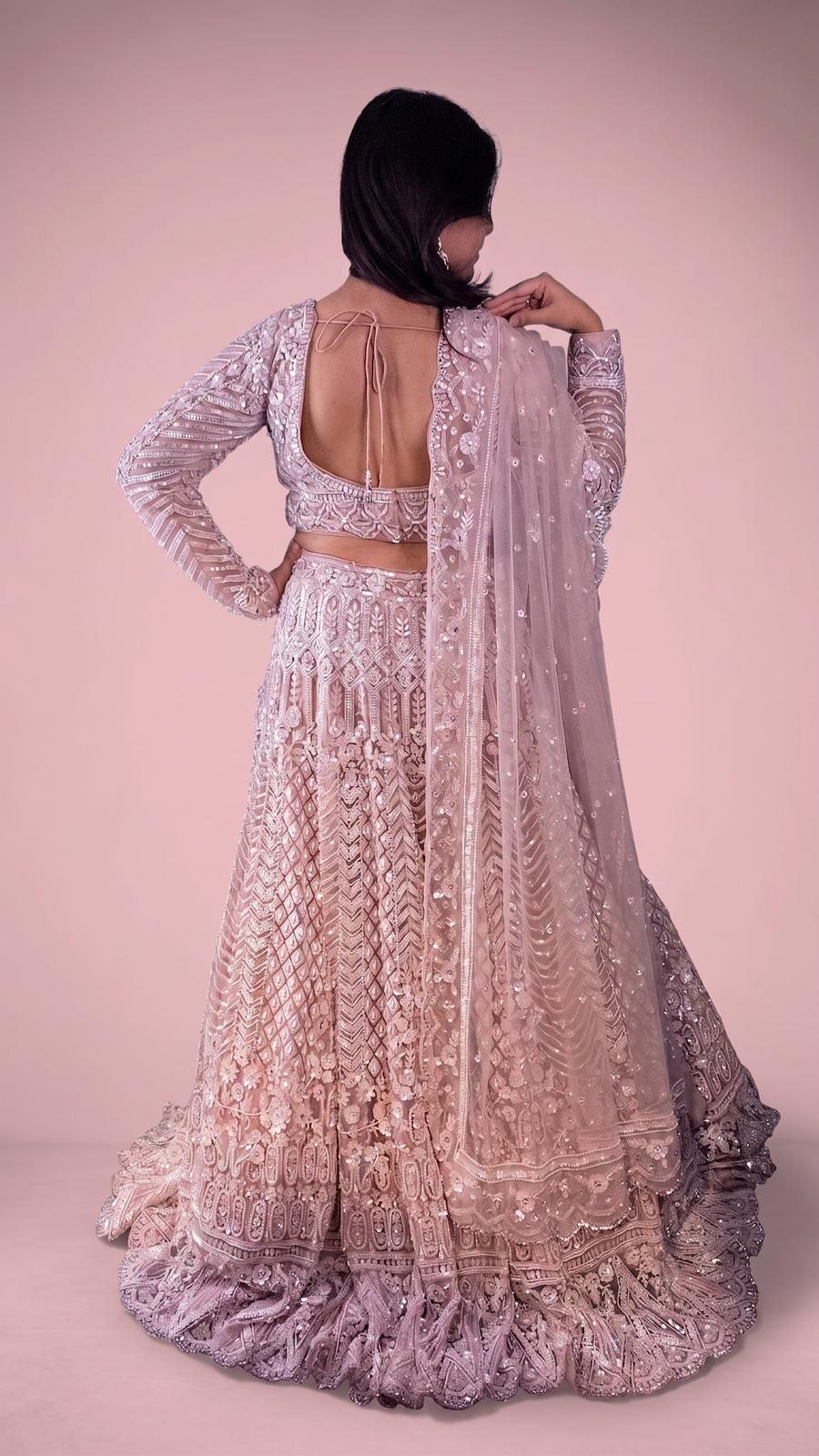 Blush Pink Net Lehenga With Cutdana and Sequin Work — fabric detail