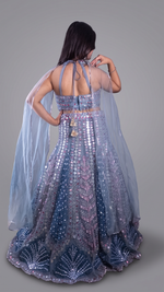 Ice Blue Net Halter Lehenga With Mirror and Zari Work — view 2