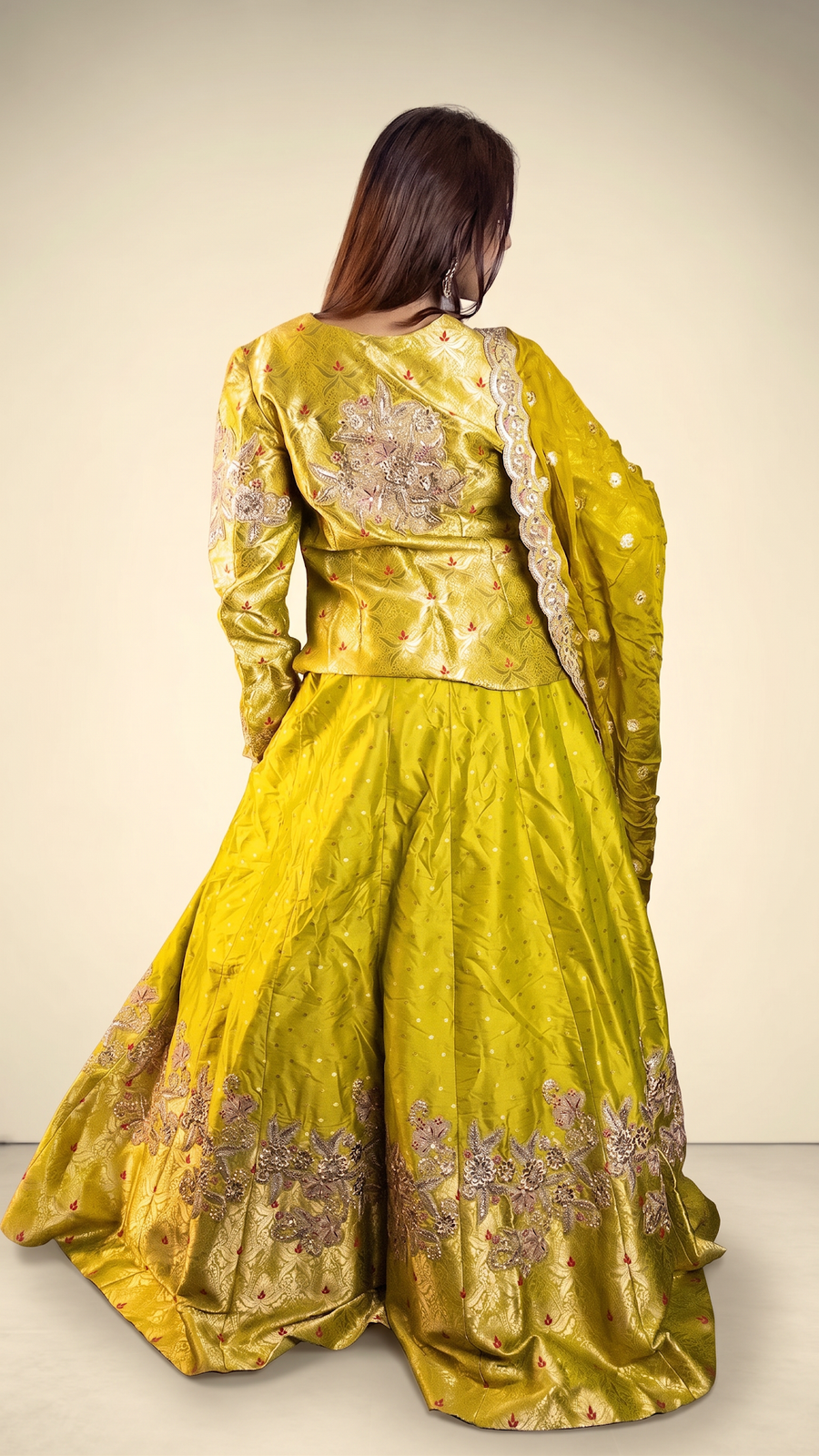 Parrot Green Silk Lehenga With Zari Embroidered Jacket Top — back view