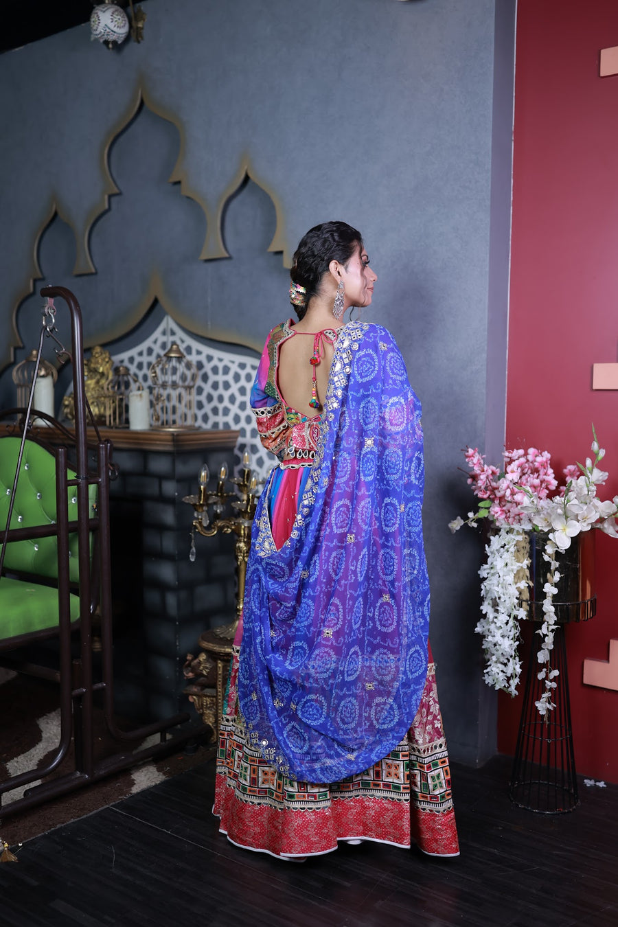 Pink Multicolour Cotton Kali Lehenga With Bandhani Dupatta — back view