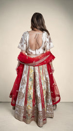 Red and Ivory Brocade Silk Kali Lehenga Set — view 2