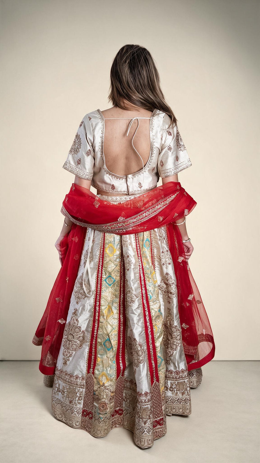 Red and Ivory Brocade Silk Kali Lehenga Set — back view